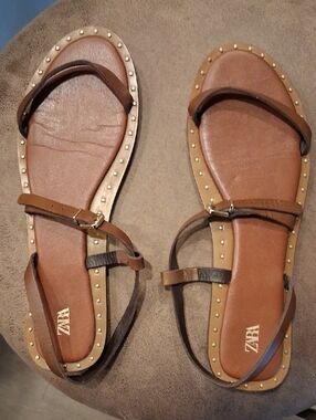 Zara Tan Brown Leather Studded Strap Sandals